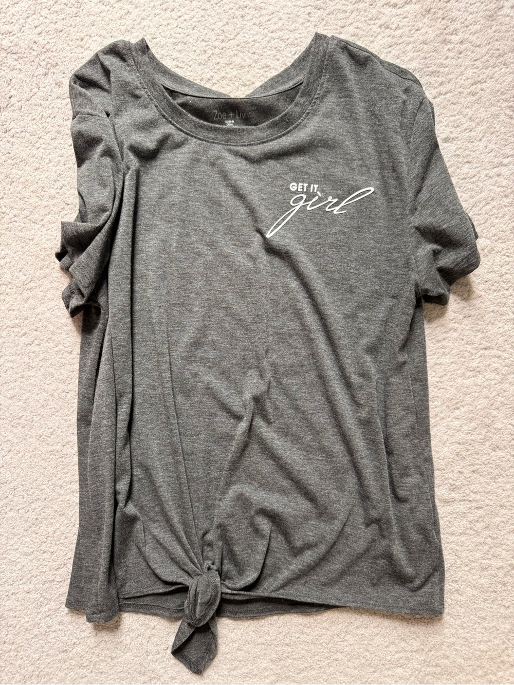 Zoe + Liv "Get It Girl" Grey Knot-Front Tee